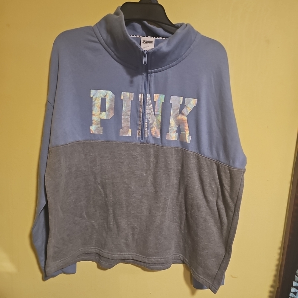 PINK Victoria's Womens Size Large Blue & Grey Metallic Logo Sweatshirt Half Zip